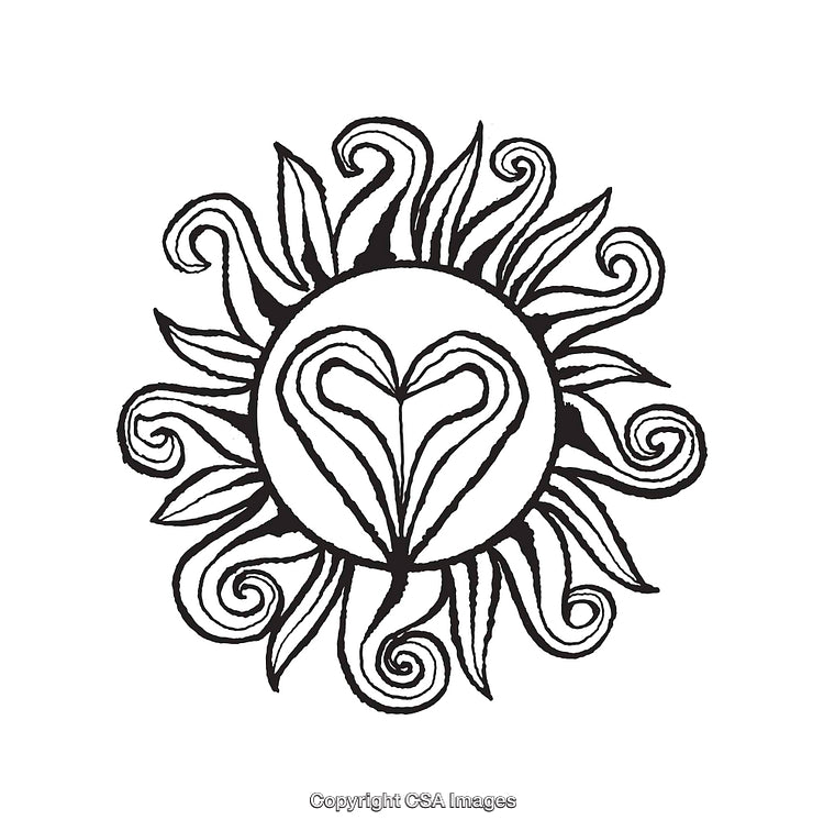 Illustrated Sun and Heart Black and White Line Art Design