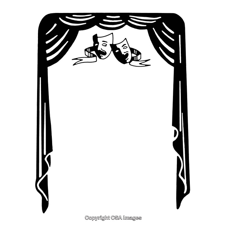 Black and White Decorative Theater Frame with Masks and Curtains
