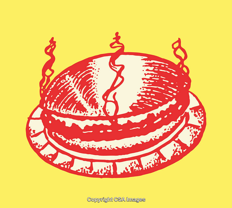 Red and Yellow Line Art Illustration of a Decorative Dish