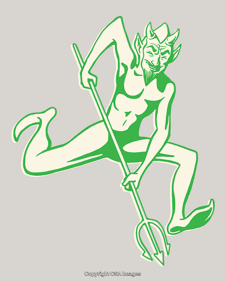 Green Line Art Depiction of a Mythical Horned Figure With Staff