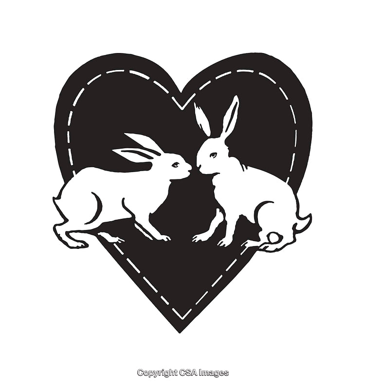 Illustration of Two Rabbits in Heart-Shaped Design in Black and White