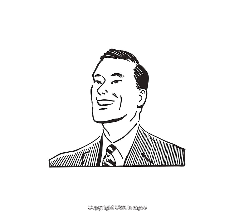 Retro Line Art Illustration of a Smiling Businessman in a Suit and Tie