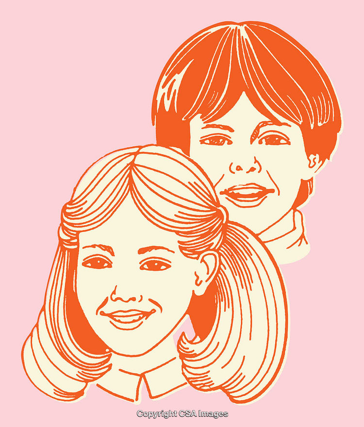 Colorful Line Art Illustration of Smiling Boy and Girl on Pink Background
