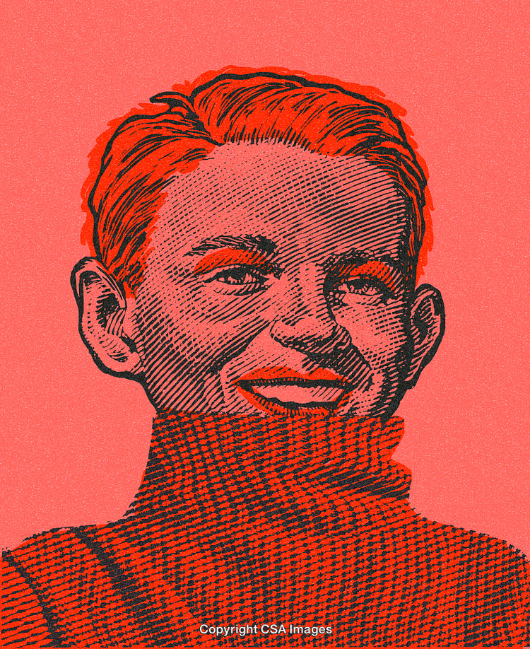 Red Monochrome Illustration of a Smiling Boy in a Turtleneck Sweater