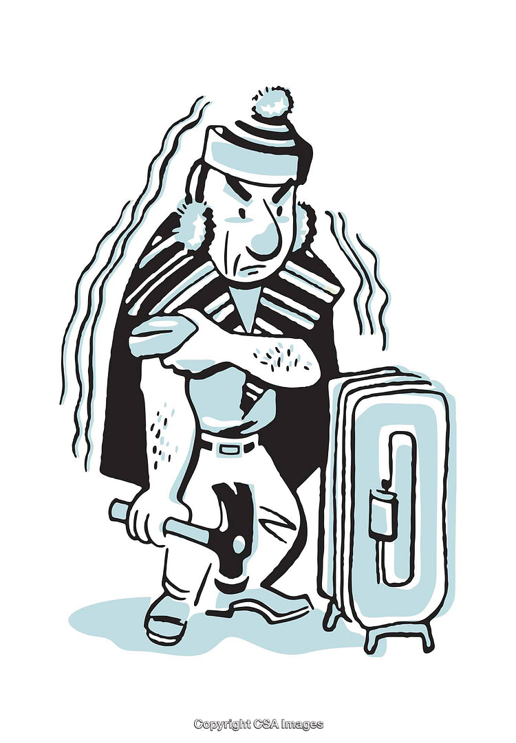 Cartoon Illustration of a Cold Person Trying to Heat Up