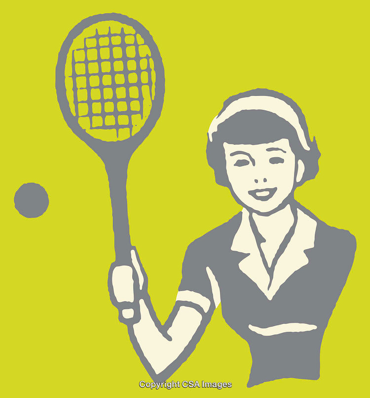 Vintage Tennis Illustration Featuring Female Player and Sporting Action