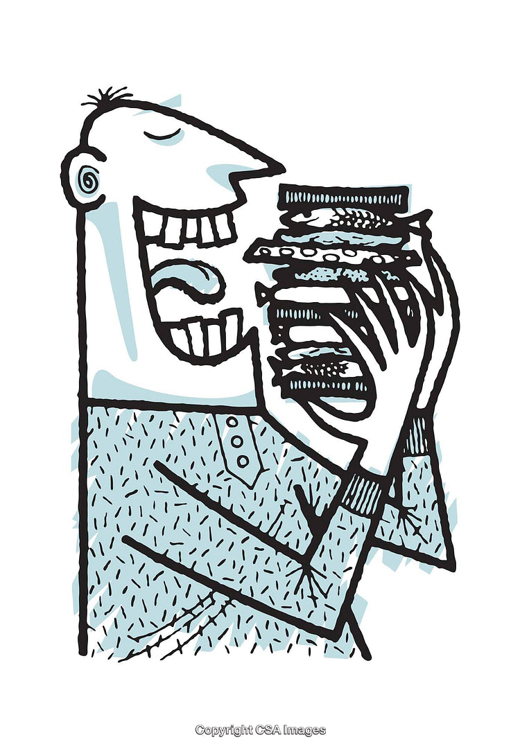 Cartoon Illustration of Man Enjoying a Large Sandwich with Enthusiasm