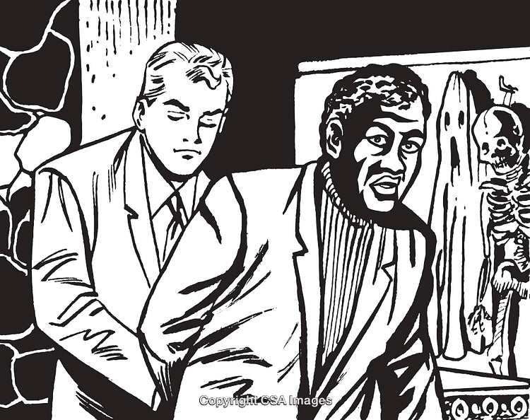Stylized Black-and-White Illustration Featuring Two Men in a Mysterious Setting