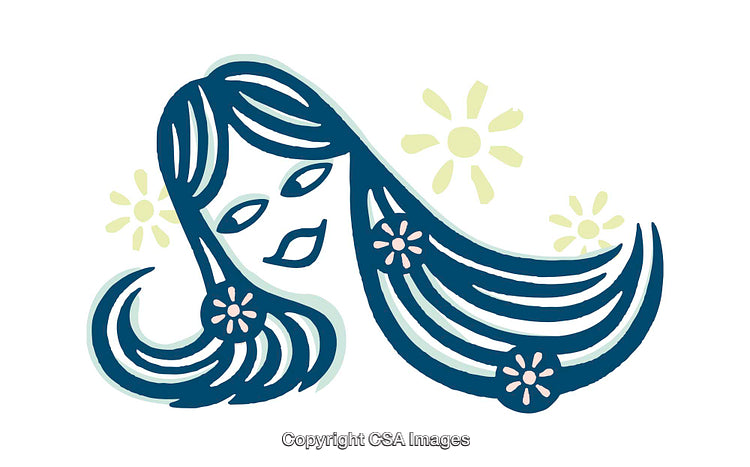 Stylized Illustration of a Woman's Face with Flowers and Suns