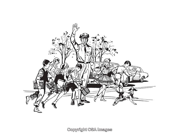 Vintage Line Art of a Traffic Officer Assisting Children Crossing