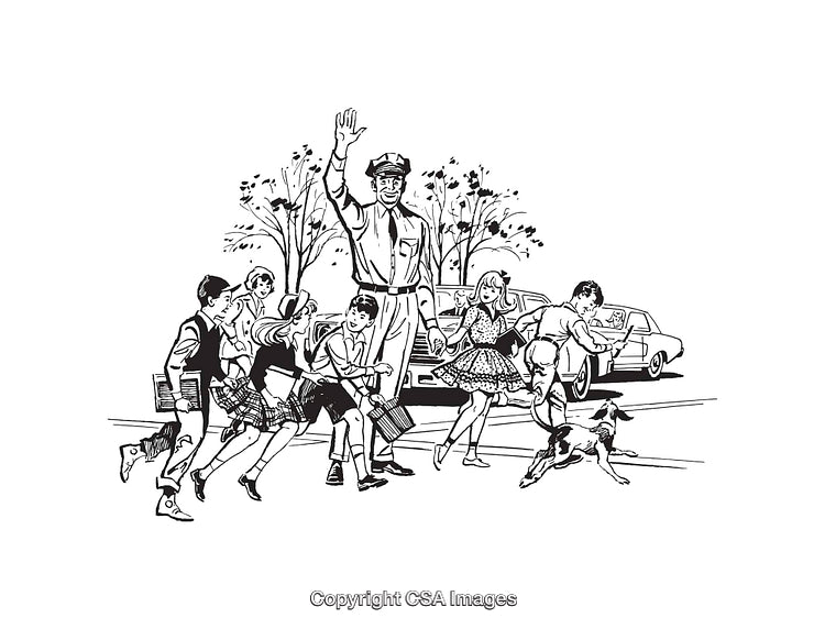 Vintage Line Art of a Traffic Officer Assisting Children Crossing