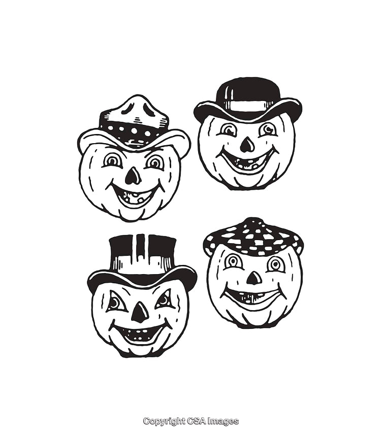 Vintage Black and White Line Art Pumpkin Illustrations for Halloween Designs