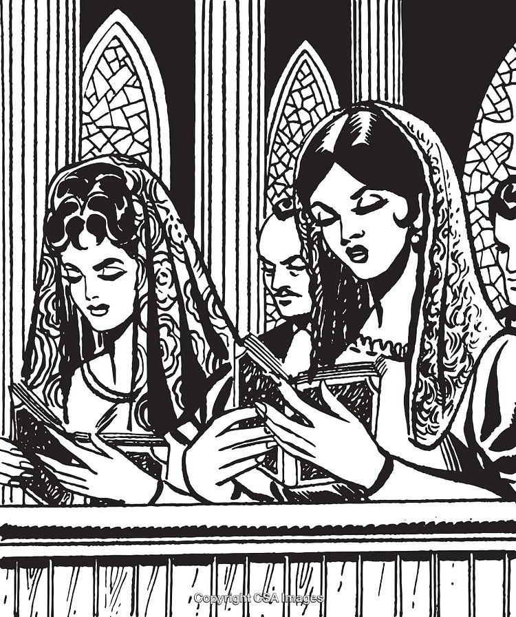Illustration of Devout Women Reading in a Church Setting