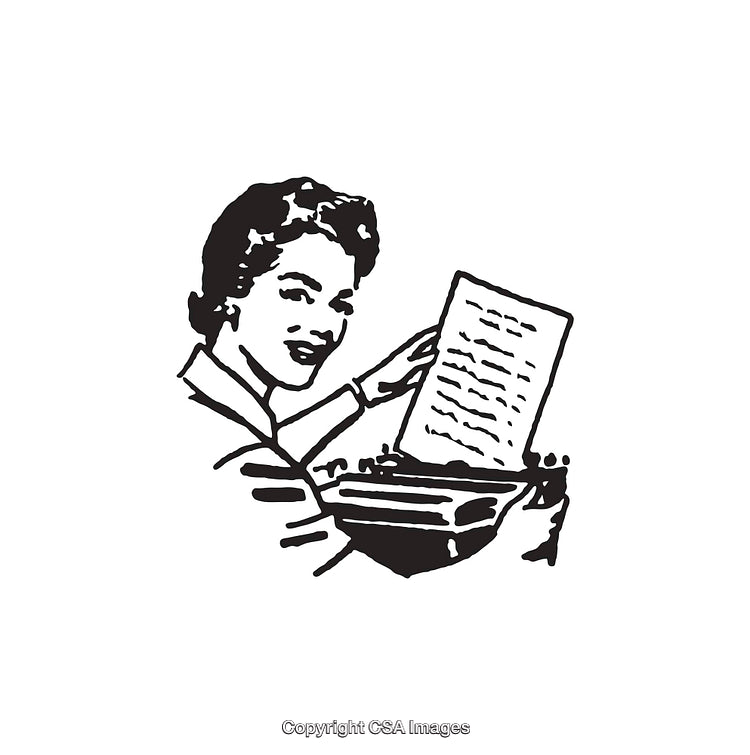 Retro Style Woman Typing on a Classic Typewriter, Black and White Illustration