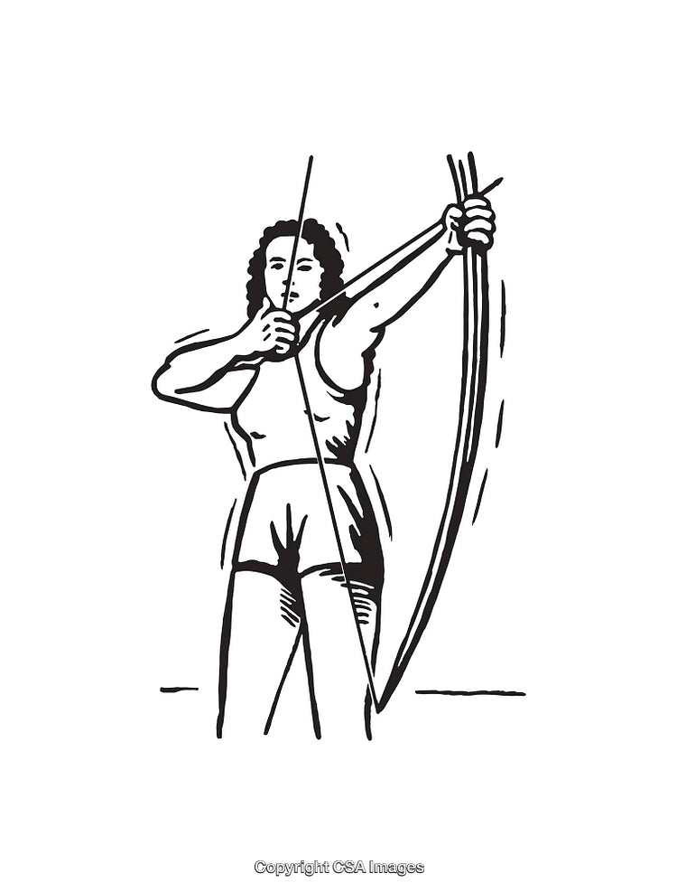 Black and White Line Art Illustration of a Woman Practicing Archery