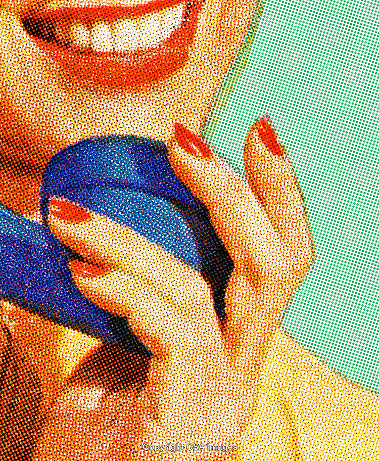 Pop Art Style Image of Smiling Woman Holding a Blue Phone Receiver