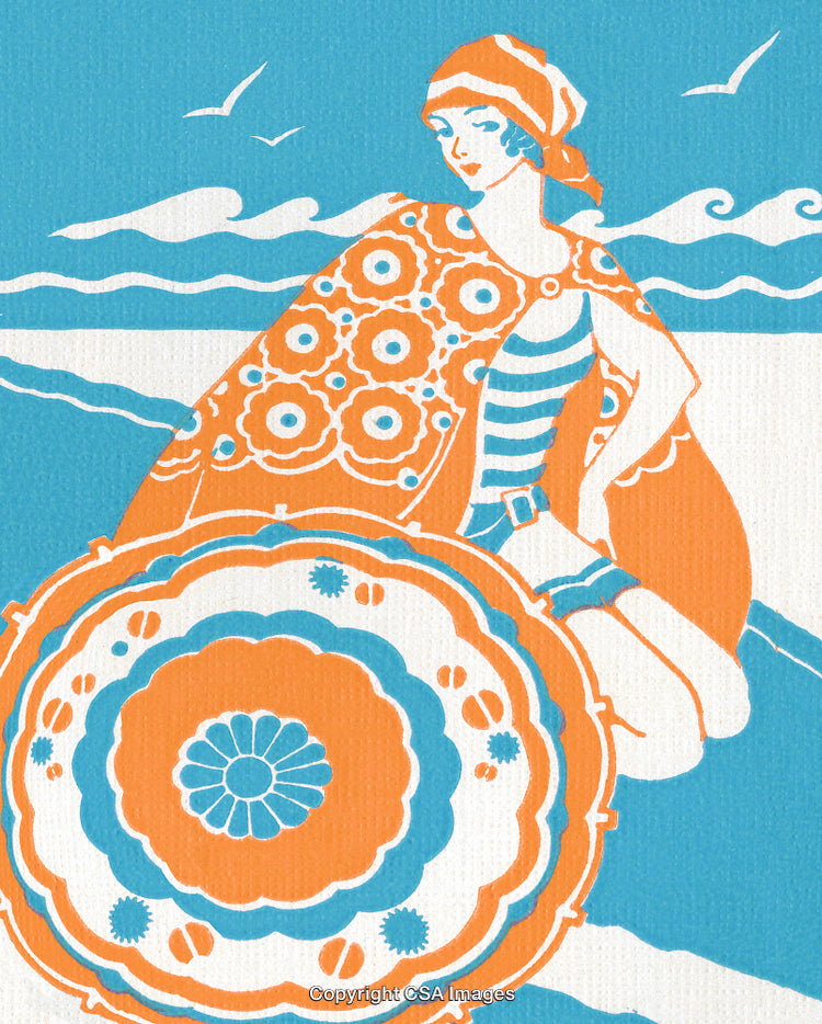 Vintage Art Deco Illustration of Woman in Beach Attire by the Ocean