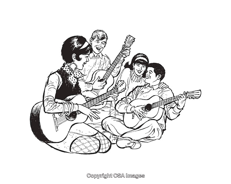Group of Friends Playing Guitars in Line Art Illustration