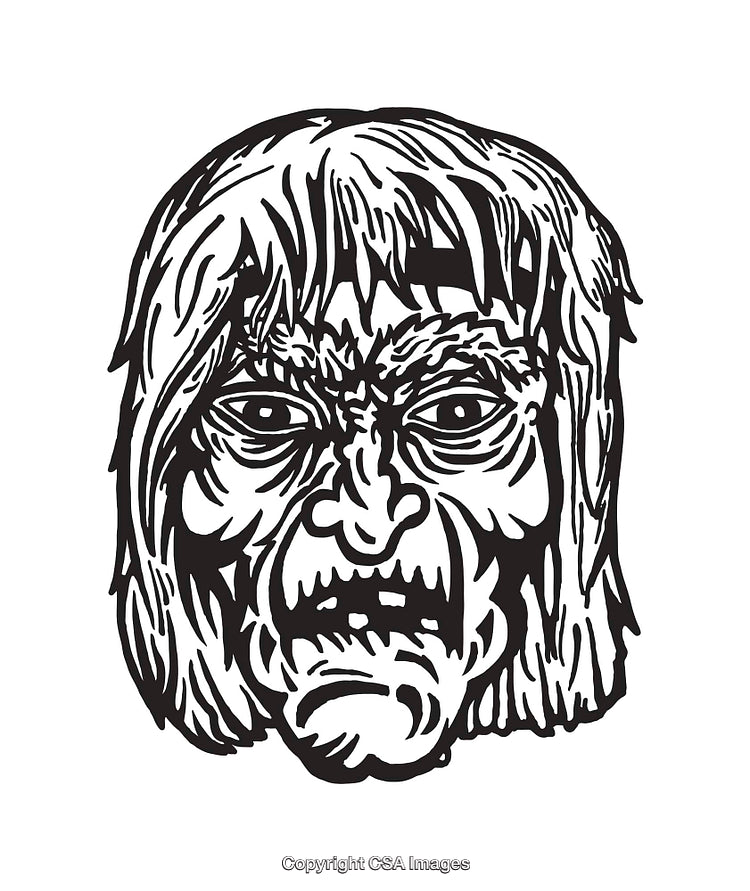 Black and White Line Art Illustration of a Monster Face