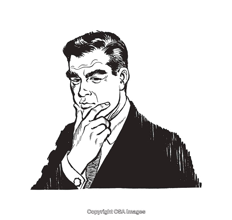 Black and White Illustration of a Thoughtful Businessman in Retro Style