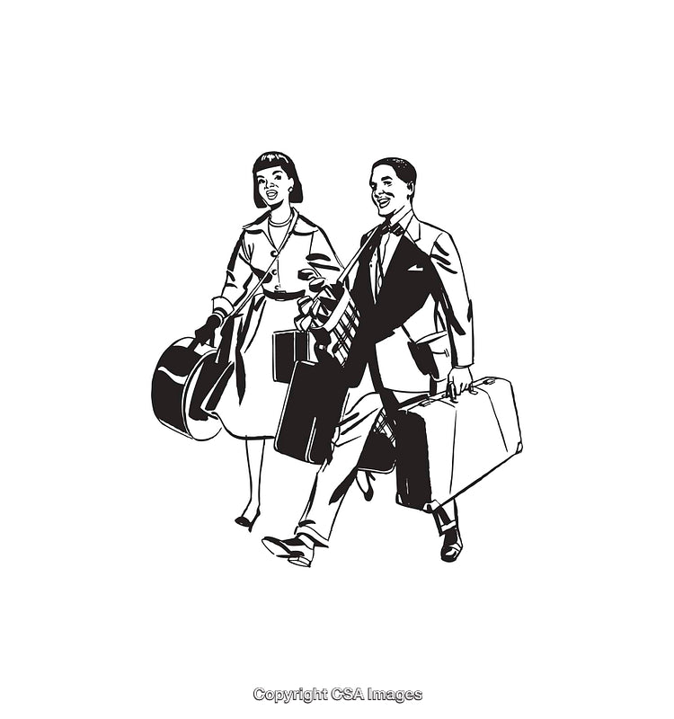 Retro Line Art Illustration of a Couple Carrying Travel Suitcases Together