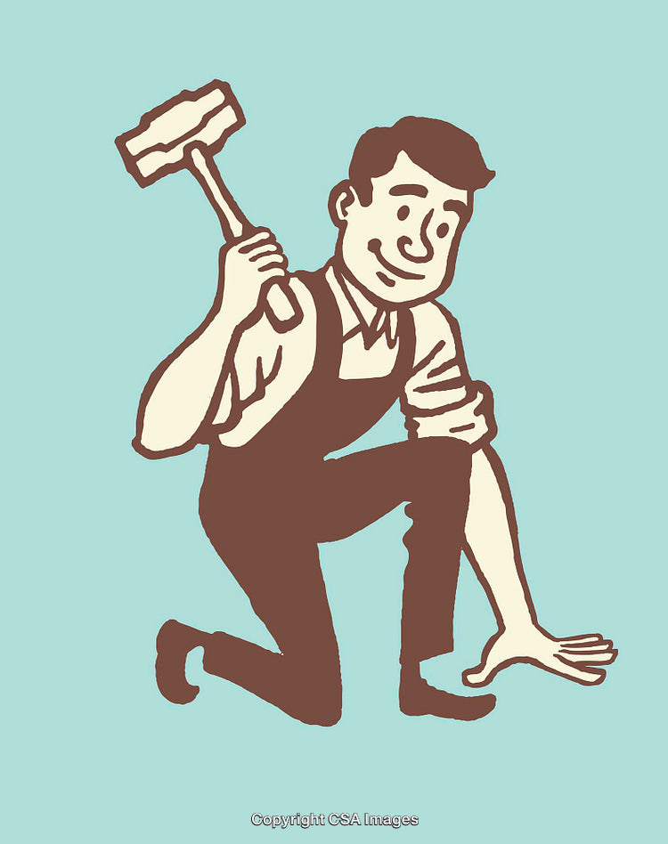 Retro Illustration of a Worker Kneeling with Tools in Hand