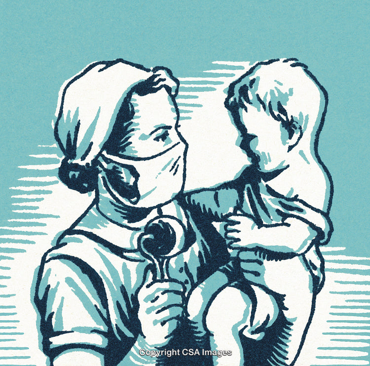 Healthcare Worker Caring for a Child in Vintage Illustration Style