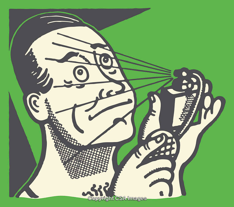 Retro Illustration of a Bemused Man Examining an Object with Focus Lines Drawn