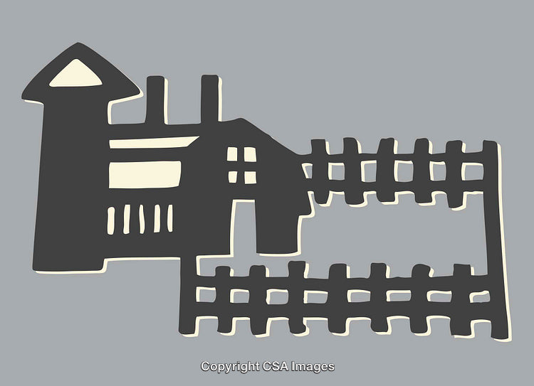 Stylized Illustration of a House with Fencing on Grey Background