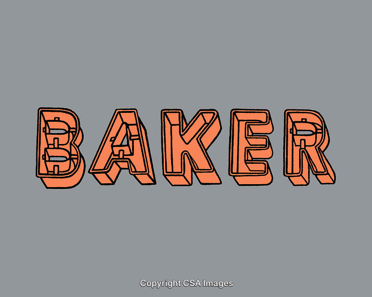 Orange Outline Text Spelling 'Baker' on a Gray Background