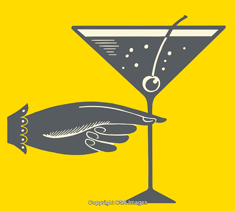 Elegant Illustration of a Cocktail Glass with Hand Detail on Yellow