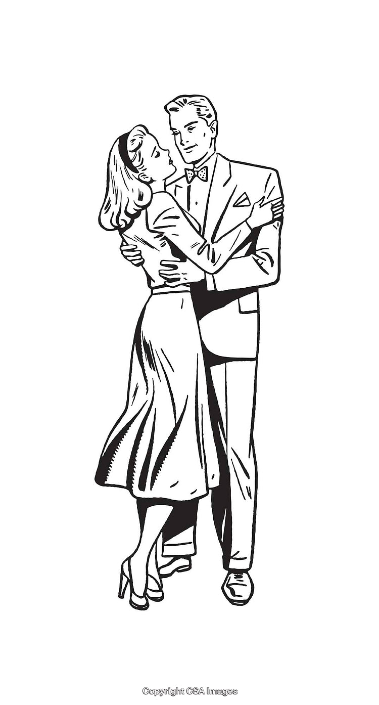 Vintage Black and White Line Art Couple Dancing Illustration