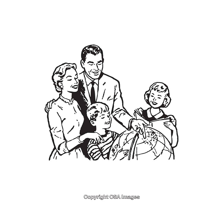 Retro Family Exploring a Globe Together in Black and White Illustration