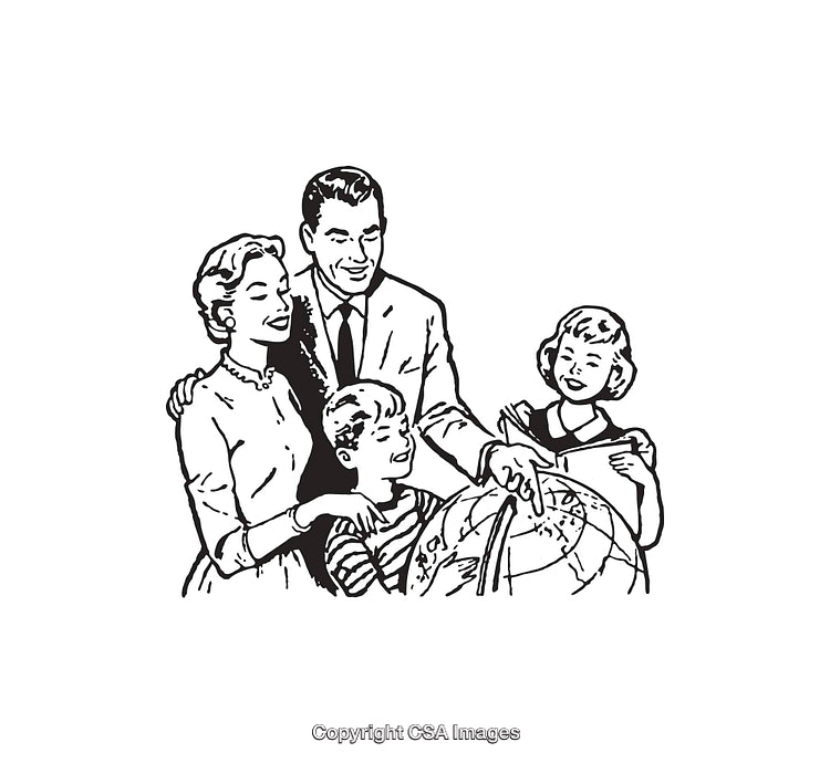 Retro Family Exploring a Globe Together in Black and White Illustration