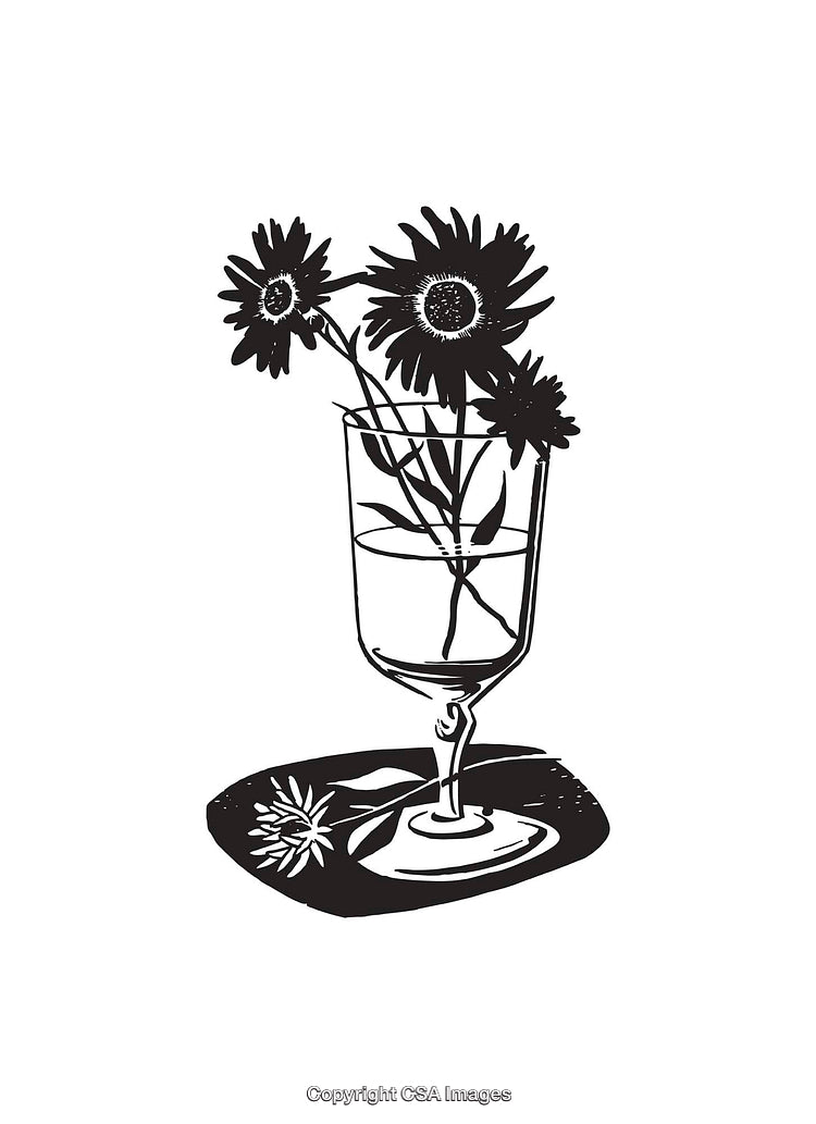 Black and White Line Art Illustration of Flowers in a Glass Vase