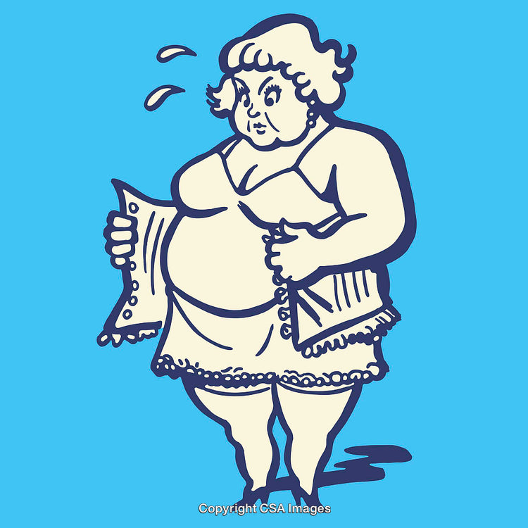 Humorous Illustration of a Woman Struggling With a Tight Corset