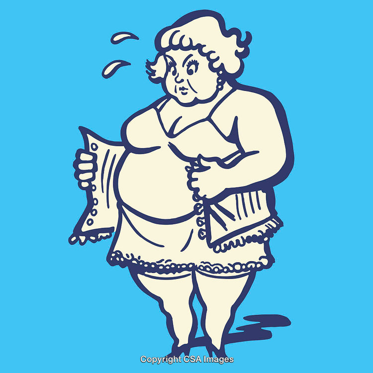 Humorous Illustration of a Woman Struggling With a Tight Corset