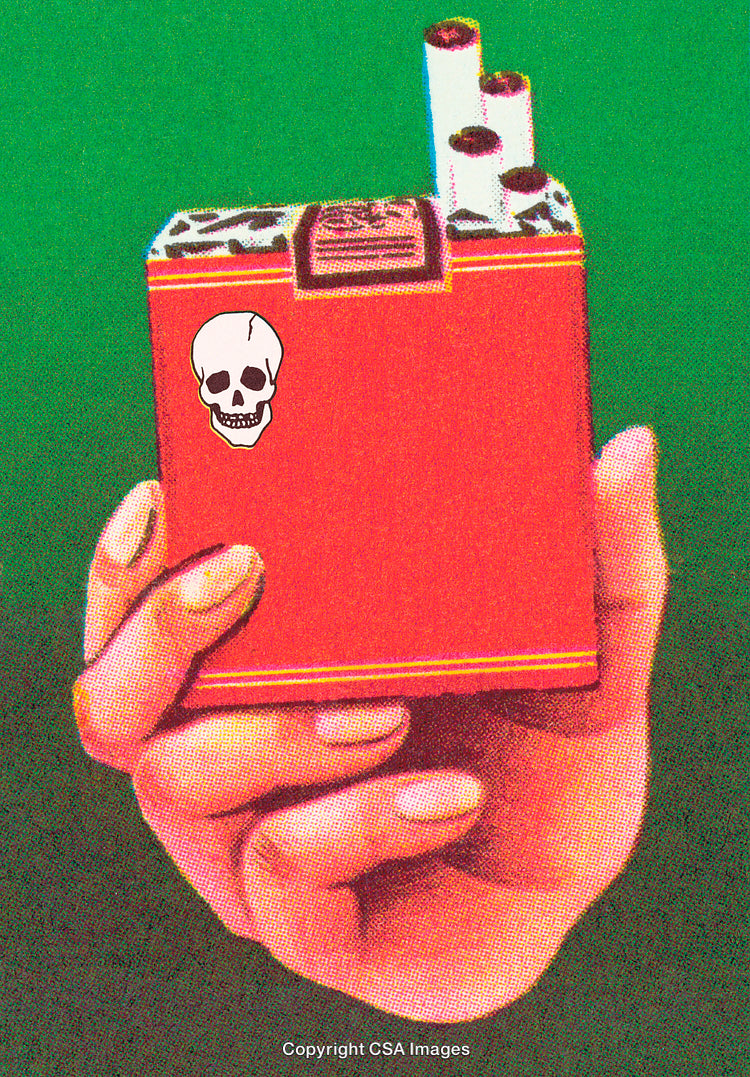 Vivid Artwork of Hand Holding Pack of Cigarettes with Warning Illustration