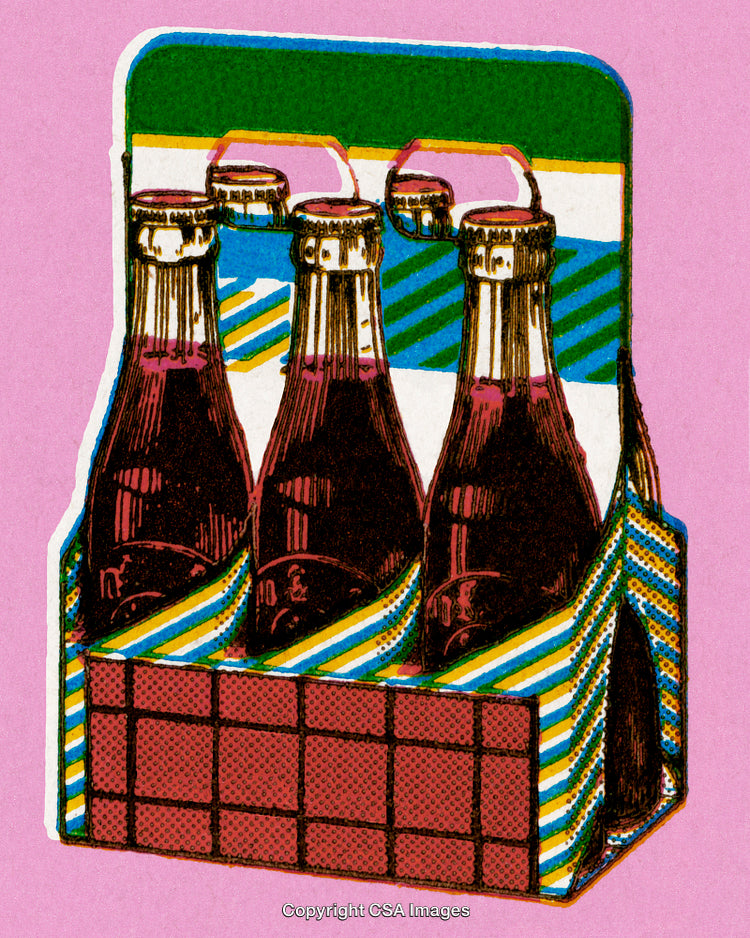 Vintage Illustration of Soft Drink Bottles in Colorful Retro Packaging