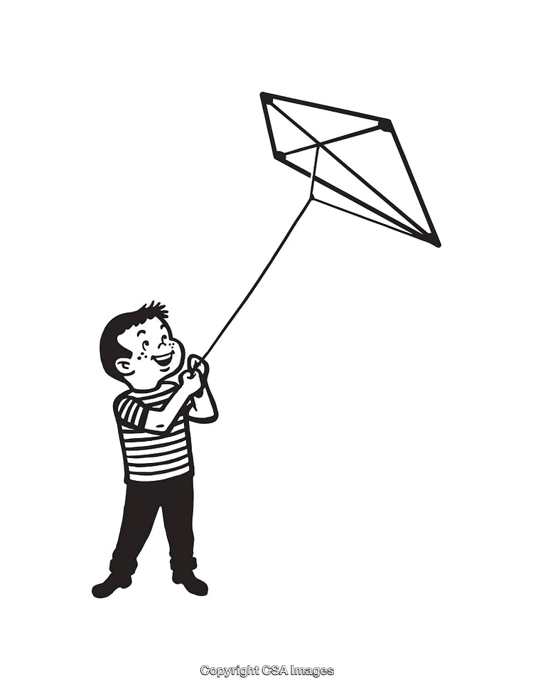 Black and White Illustration of a Child Flying a Kite with Joyful Expression
