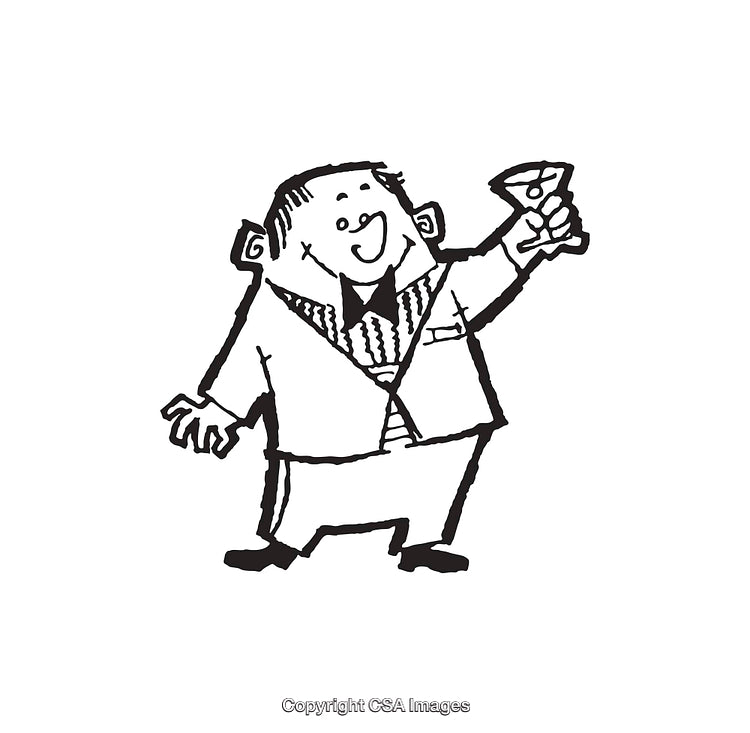 Cartoon Drawing of a Cheerful Man Holding a Drink and Smiling Happily