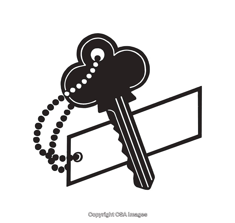 Black and White Line Art of a Vintage Key and Label Tag