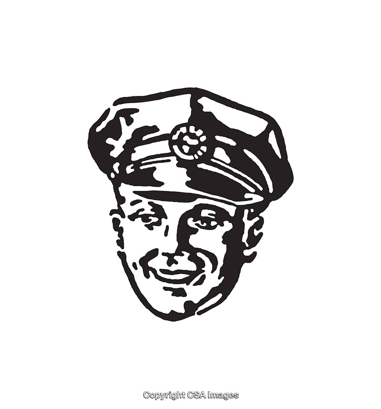 Detailed Black and White Illustration of a Smiling Uniformed Man