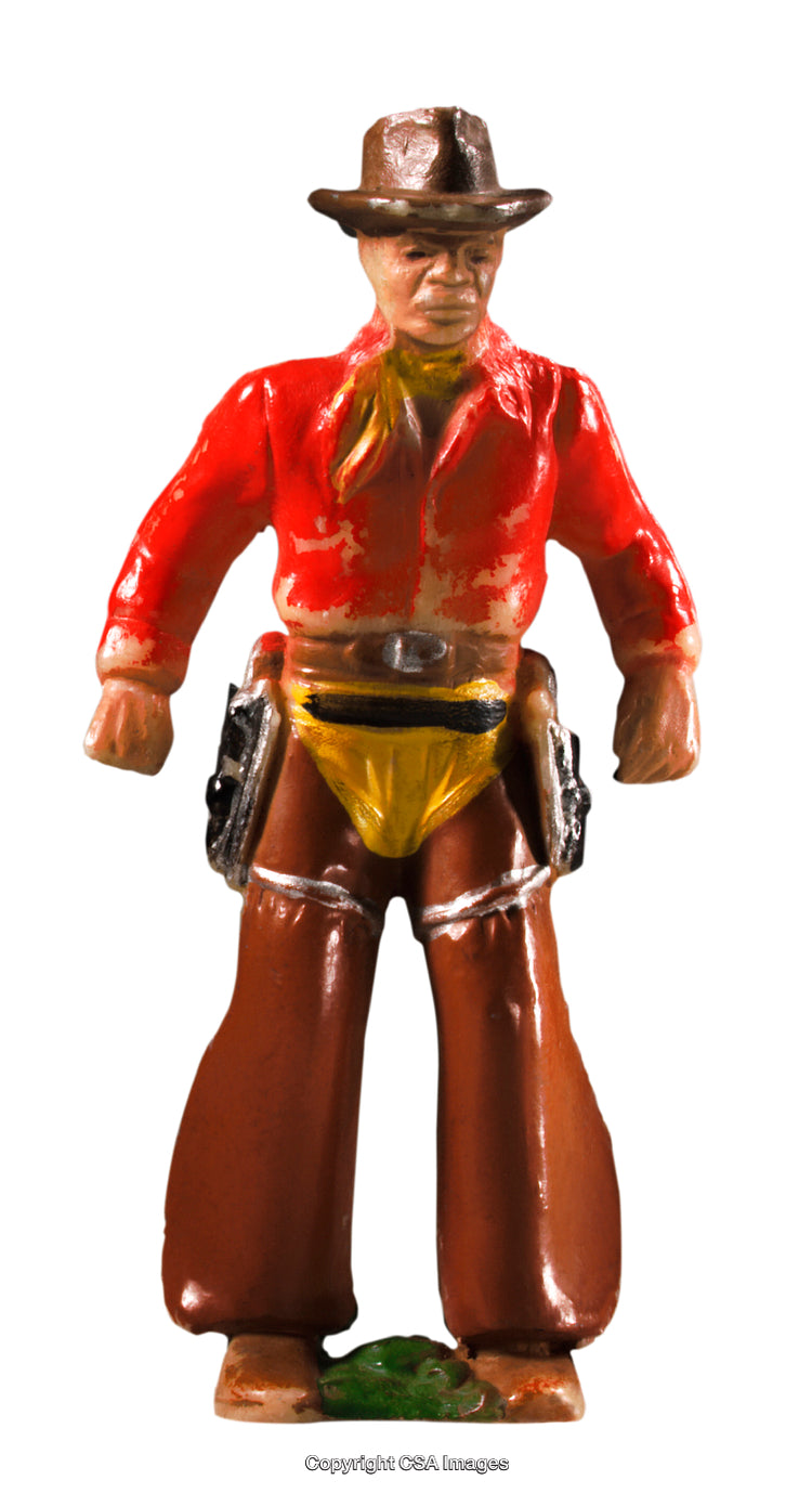 Vintage Plastic Cowboy Figure in Red and Brown Outfit Isolated on White
