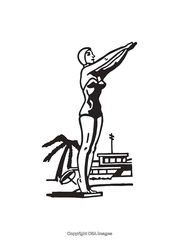 Vintage Black and White Line Art of a Woman Diving