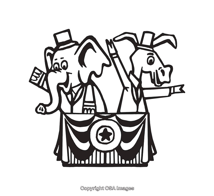 Black and White Line Art of Political Elephant and Donkey on Podium