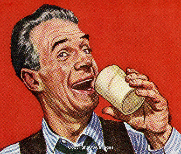 Retro Illustration of a Joyful Man Enjoying a Refreshing Beverage.
