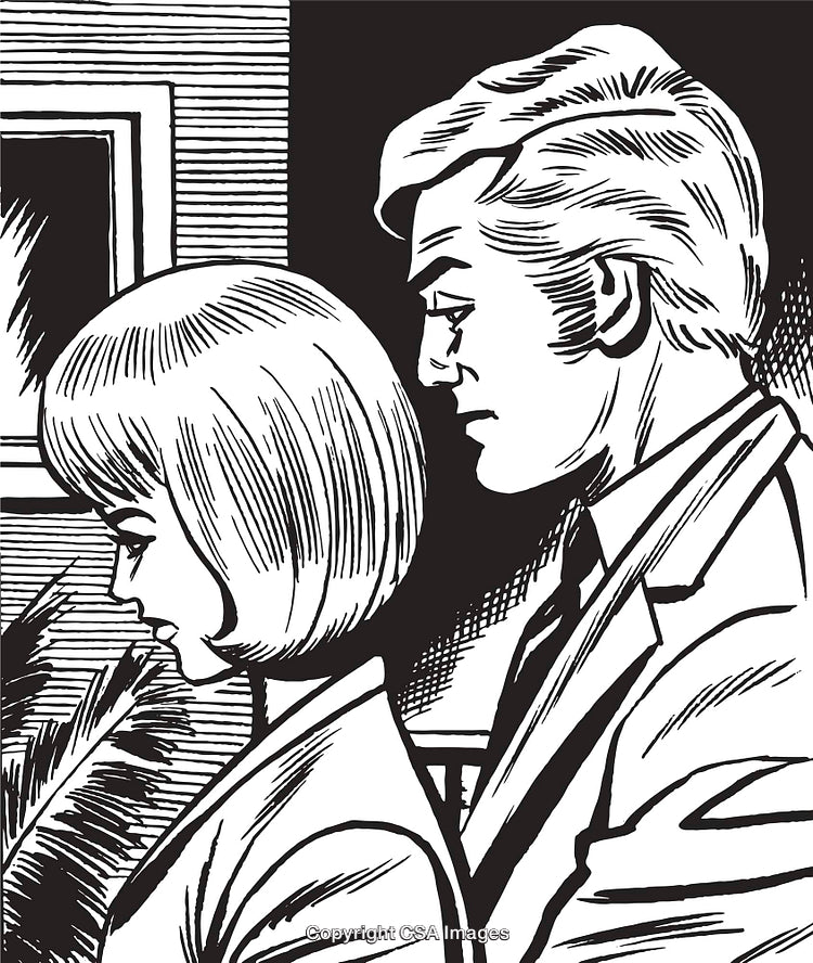 Vintage Black-and-White Illustration of Two People in Reflective Mood