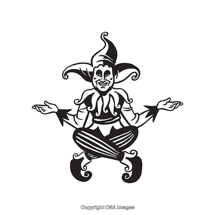 Black and White Illustration of a Joyful Jester Sitting Cross-Legged