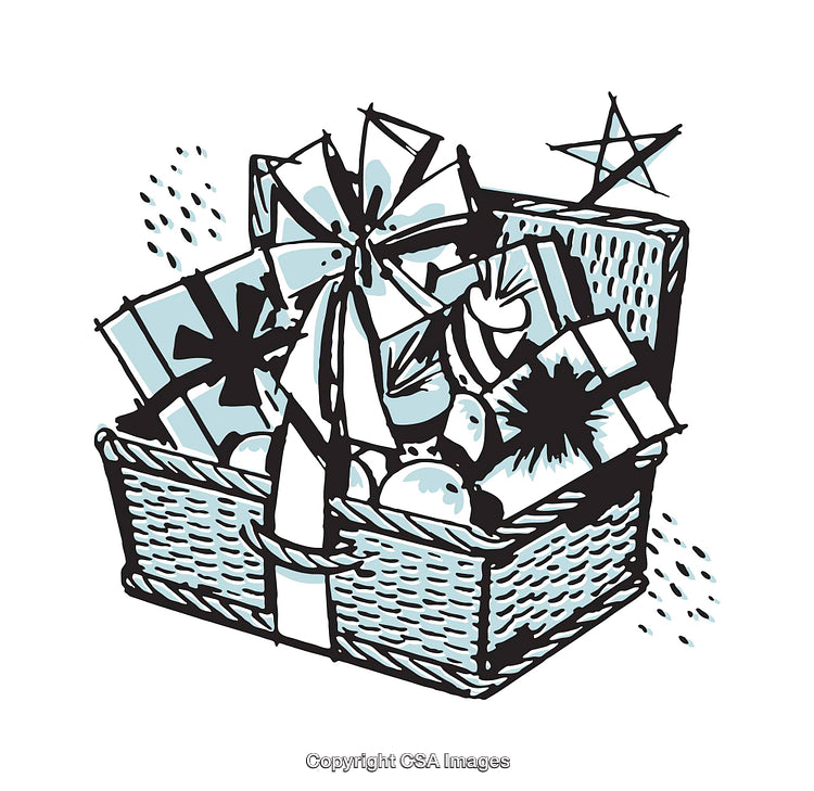 Gift Basket Illustration Featuring Presents and Holiday Decorations
